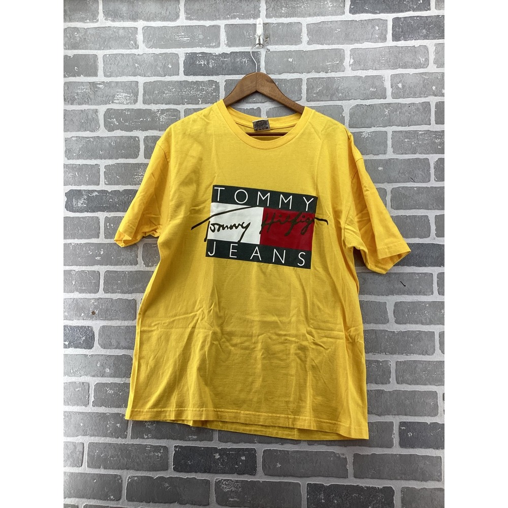 Tommy Hilfiger Tommy Jeans Mens Yellow Flag Logo Graphic T-Shirt Large Vintage